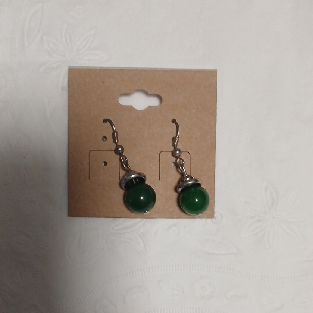 Green and Silver Dangle Earrings with Emerald Beads - Picture 2 of 4